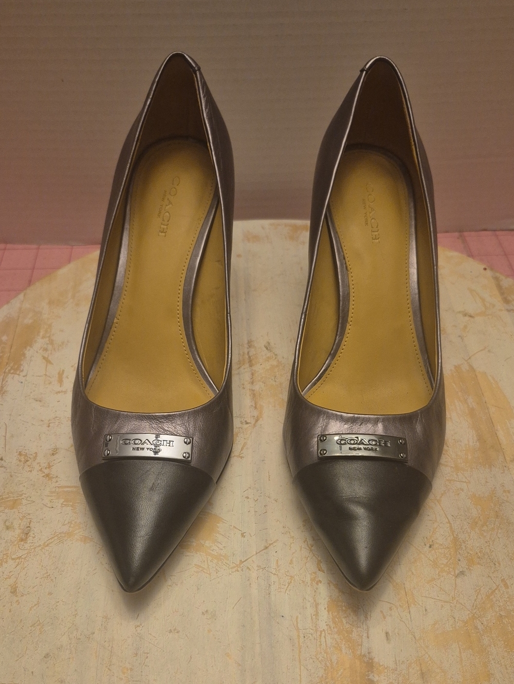 Coach Two-Tone Metallic Pointed Toe Heels